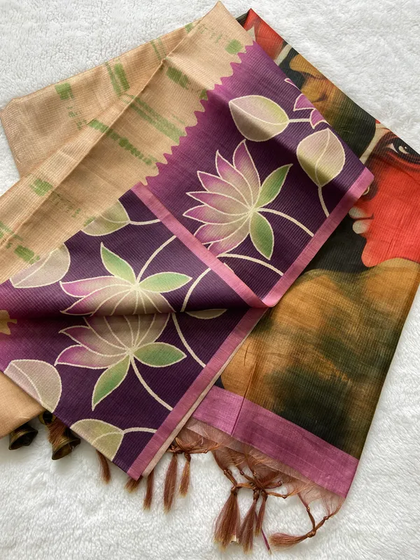 Nehal_Wine_–_Diwali_Special_|_Soft_Tussar_Silk_Saree_with_Print,_Border_&_Contrast_Print_Blouse_with_Tassels