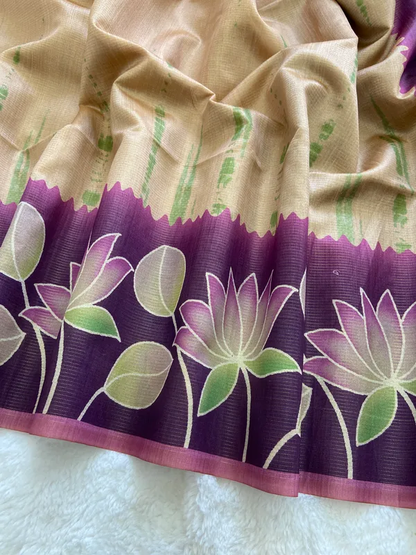 Nehal_Wine_–_Diwali_Special_|_Soft_Tussar_Silk_Saree_with_Print,_Border_&_Contrast_Print_Blouse_with_Tassels