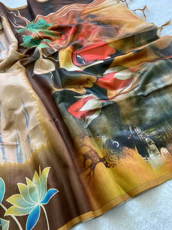 Nehal_Yellow_–_Diwali_Special_|_Soft_Tussar_Silk_Saree_with_Print,_Border_&_Contrast_Print_Blouse_with_Tassels