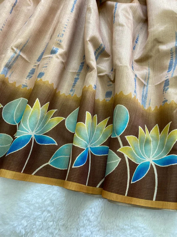 Nehal_Yellow_–_Diwali_Special_|_Soft_Tussar_Silk_Saree_with_Print,_Border_&_Contrast_Print_Blouse_with_Tassels