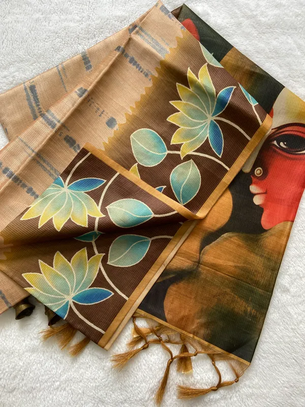Nehal_Yellow_–_Diwali_Special_|_Soft_Tussar_Silk_Saree_with_Print,_Border_&_Contrast_Print_Blouse_with_Tassels