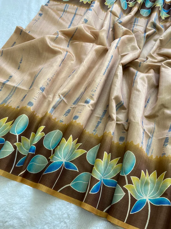 Nehal_Yellow_–_Diwali_Special_|_Soft_Tussar_Silk_Saree_with_Print,_Border_&_Contrast_Print_Blouse_with_Tassels