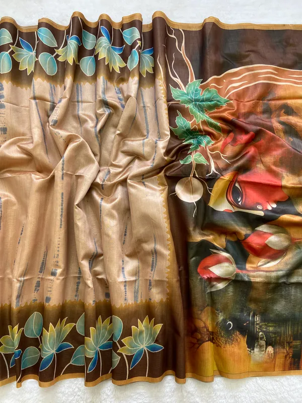 Nehal_Yellow_–_Diwali_Special_|_Soft_Tussar_Silk_Saree_with_Print,_Border_&_Contrast_Print_Blouse_with_Tassels