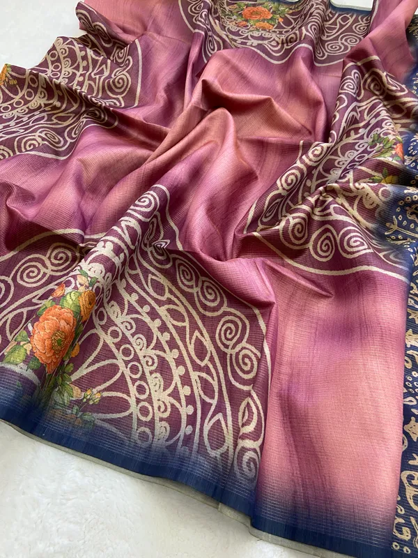 Navi_Blue_&_Pink_–_Fresh_Festive_Season_Special_|_Soft_Tussar_Silk_Saree_with_Print,_Pallu_&_Contrast_Print_Blouse_with_Tassels
