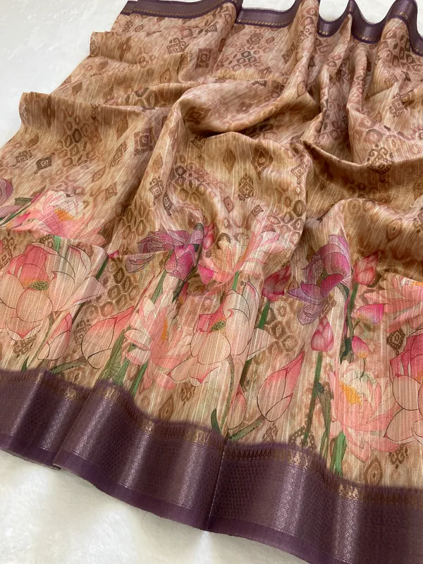 Bala_Wine_–_Diwali_Special_|_Soft_Tussar_Silk_Saree_with_Print,_Pallu_&_Contrast_Print_Blouse_with_Tassels