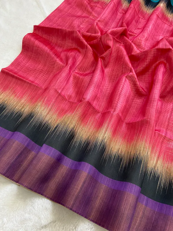 Mihika_Pink_–_Dew_Fresh_Navratri_Special_|_Soft_Tussar_Silk_Saree_with_Print,_Pallu_&_Contrast_Print_Blouse_with_Tassels