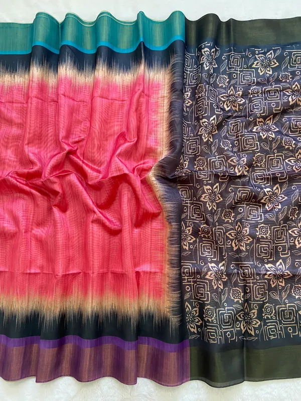 Mihika_Pink_–_Dew_Fresh_Navratri_Special_|_Soft_Tussar_Silk_Saree_with_Print,_Pallu_&_Contrast_Print_Blouse_with_Tassels