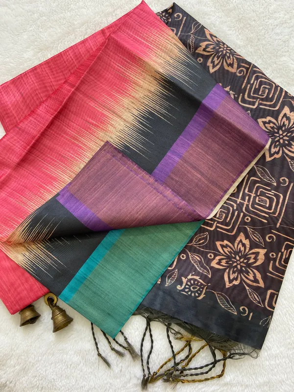 Mihika_Pink_–_Dew_Fresh_Navratri_Special_|_Soft_Tussar_Silk_Saree_with_Print,_Pallu_&_Contrast_Print_Blouse_with_Tassels