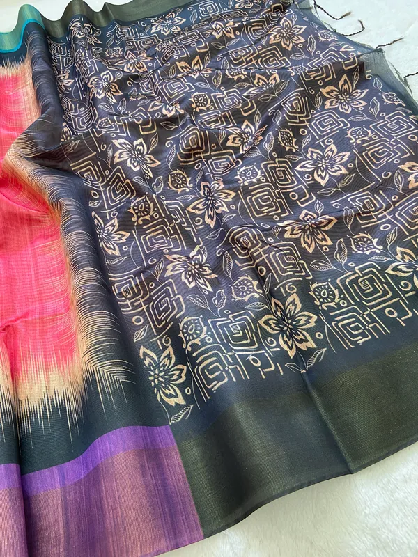 Mihika_Pink_–_Dew_Fresh_Navratri_Special_|_Soft_Tussar_Silk_Saree_with_Print,_Pallu_&_Contrast_Print_Blouse_with_Tassels