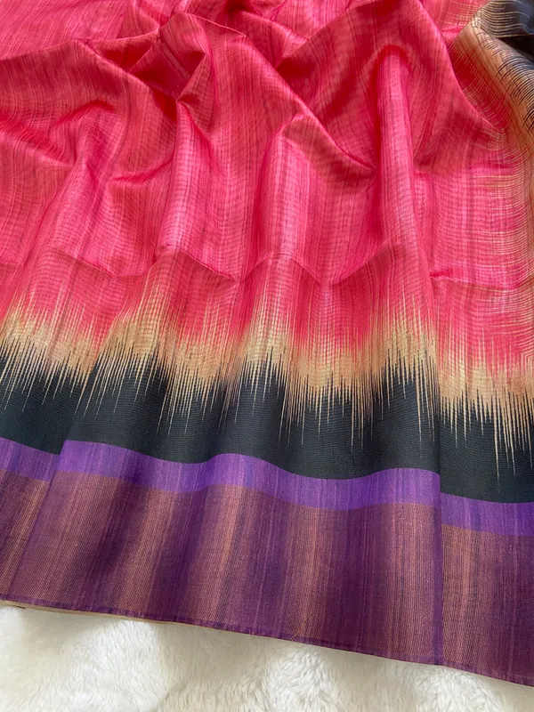 Mihika_Pink_–_Dew_Fresh_Navratri_Special_|_Soft_Tussar_Silk_Saree_with_Print,_Pallu_&_Contrast_Print_Blouse_with_Tassels