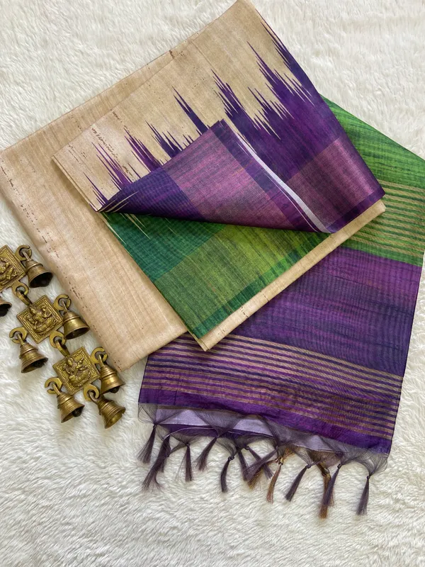 Soft_Tussar_Silk_sarees_with_Beautiful_Print_With_Attractive_Border_And_Contrast_Print_Blouse_With_Tassels_in_new_styles