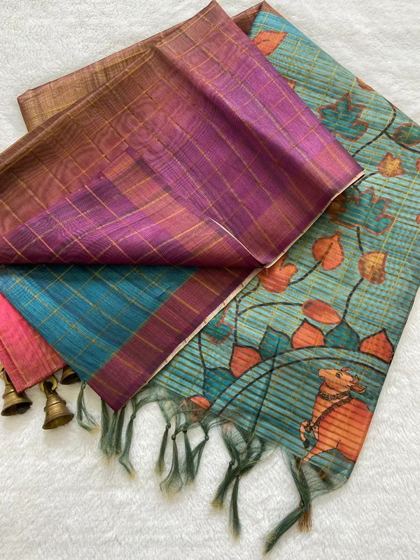 Nithya_Rama_Green_No.3_–_Timeless_Navratri_Special_|_Soft_Tussar_Silk_Saree_with_Print,_Zari_Line_Saree_&_Print_Blouse_with_Tassels