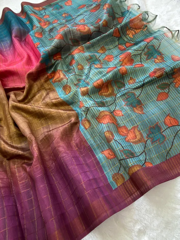 Nithya_Rama_Green_No.3_–_Timeless_Navratri_Special_|_Soft_Tussar_Silk_Saree_with_Print,_Zari_Line_Saree_&_Print_Blouse_with_Tassels