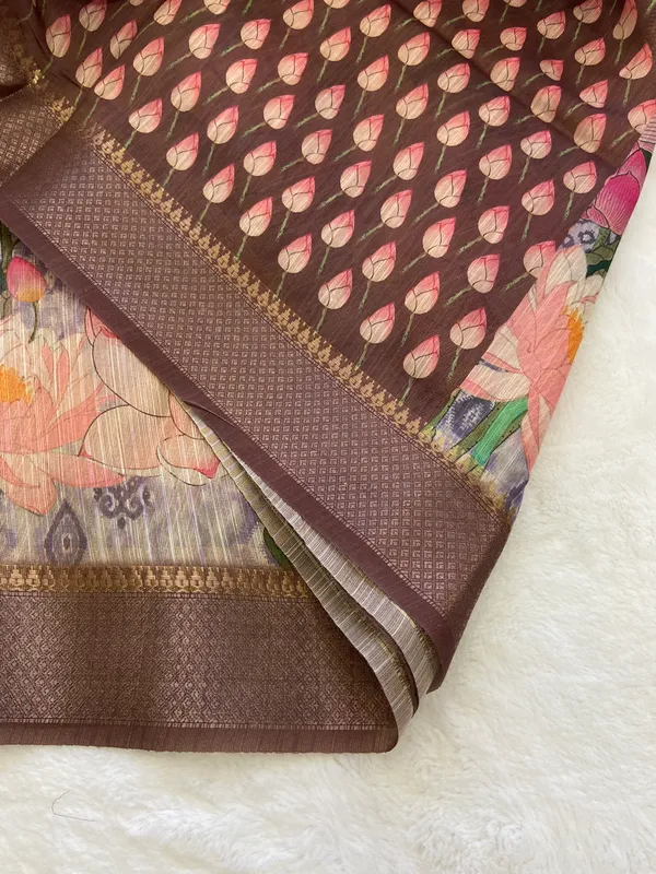 Bala_Coffee_Brown_–_Aesthetic_Edit_for_You_|_Soft_Tussar_Silk_Saree_with_Print,_Pallu_&_Contrast_Print_Blouse_with_Tassels
