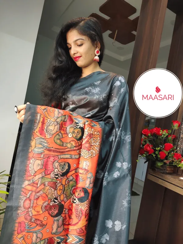 Orange_Soft_Tussar_Silk_Sarees_With_Beautiful_Print_With_Attractive_Temple_Border_And_Contrast_Print_Blouse_With_Tassels