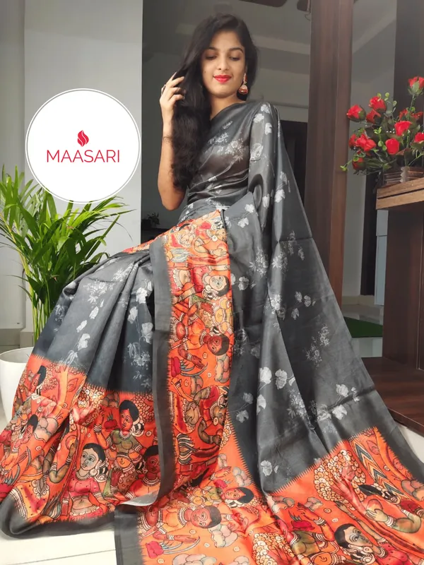 Orange_Soft_Tussar_Silk_Sarees_With_Beautiful_Print_With_Attractive_Temple_Border_And_Contrast_Print_Blouse_With_Tassels