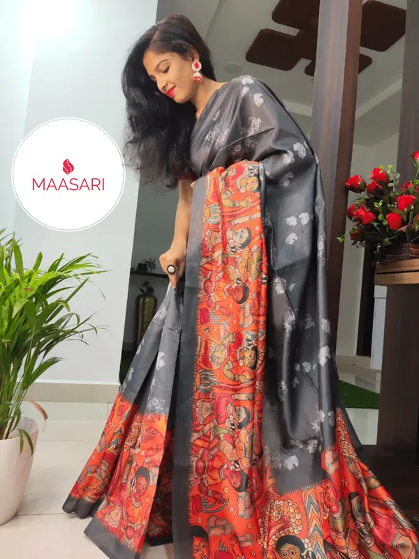 Orange_Soft_Tussar_Silk_Sarees_With_Beautiful_Print_With_Attractive_Temple_Border_And_Contrast_Print_Blouse_With_Tassels