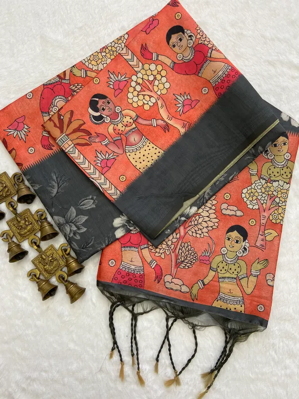 Orange_Soft_Tussar_Silk_Sarees_With_Beautiful_Print_With_Attractive_Temple_Border_And_Contrast_Print_Blouse_With_Tassels
