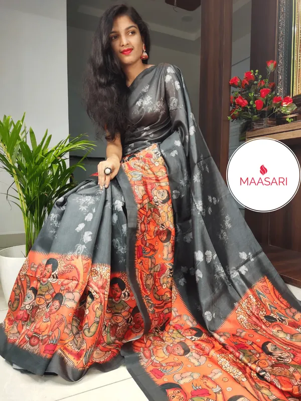 Orange_Soft_Tussar_Silk_Sarees_With_Beautiful_Print_With_Attractive_Temple_Border_And_Contrast_Print_Blouse_With_Tassels