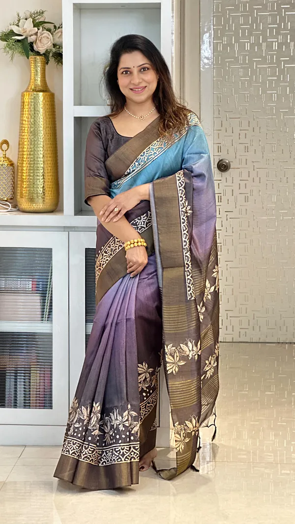 Lakshmi_Grey_–_Auspicious_Diwali_Special_|_Soft_Tussar_Silk_Saree_with_Print,_Border_&_Contrast_Print_Blouse_with_Tassels