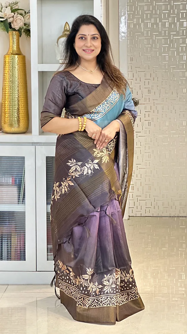 Lakshmi_Grey_–_Auspicious_Diwali_Special_|_Soft_Tussar_Silk_Saree_with_Print,_Border_&_Contrast_Print_Blouse_with_Tassels