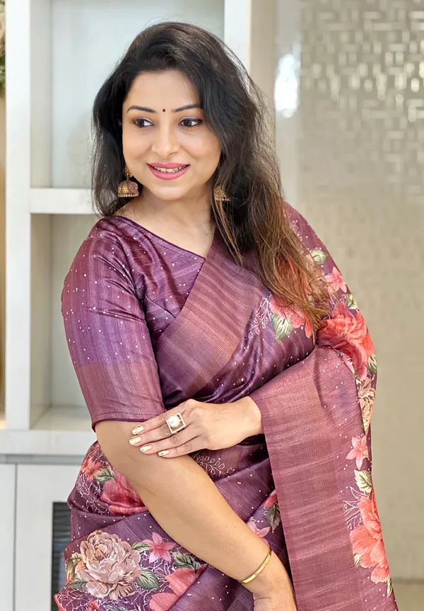 Tanisha_Wine_–_Diwali_Special_|_Soft_Tussar_Silk_Saree_with_Print,_Pallu_&_Zari_Border_&_Contrast_Print_Blouse_with_Tassels