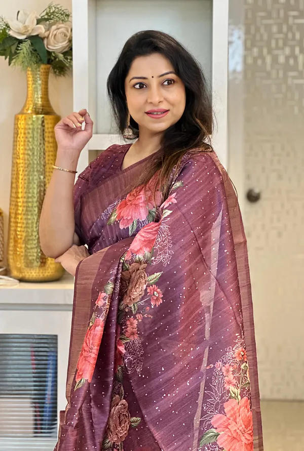 Tanisha_Wine_–_Diwali_Special_|_Soft_Tussar_Silk_Saree_with_Print,_Pallu_&_Zari_Border_&_Contrast_Print_Blouse_with_Tassels