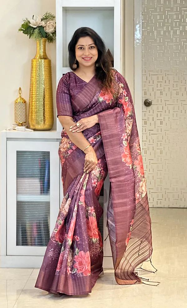 Tanisha_Wine_–_Diwali_Special_|_Soft_Tussar_Silk_Saree_with_Print,_Pallu_&_Zari_Border_&_Contrast_Print_Blouse_with_Tassels