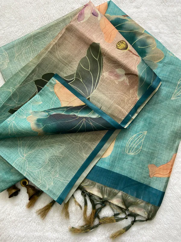 Soft_Tussar_Silk_sarees_with_Beautiful_Print_With_Attractive_Border_And_Contrast_Print_Blouse_With_Tassels