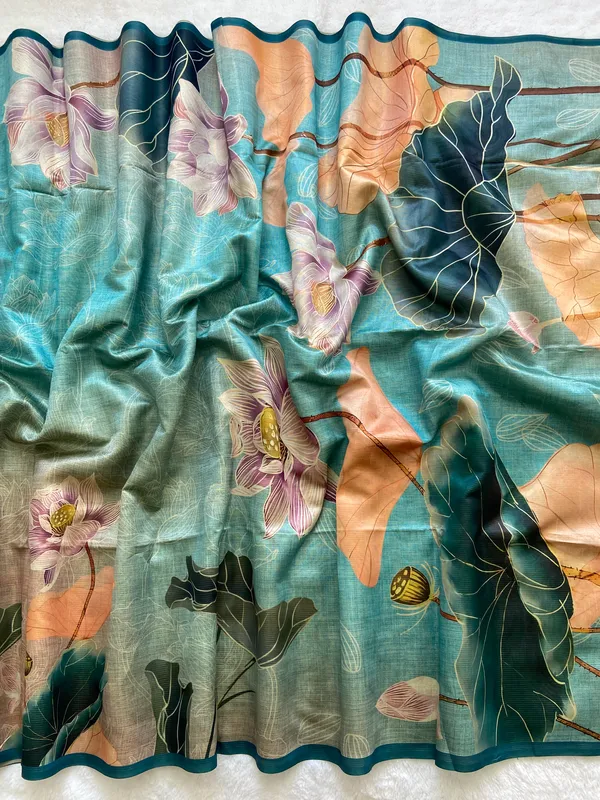 Soft_Tussar_Silk_sarees_with_Beautiful_Print_With_Attractive_Border_And_Contrast_Print_Blouse_With_Tassels