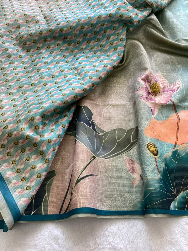 Soft_Tussar_Silk_sarees_with_Beautiful_Print_With_Attractive_Border_And_Contrast_Print_Blouse_With_Tassels