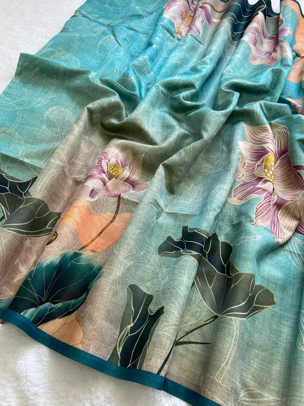 Soft_Tussar_Silk_sarees_with_Beautiful_Print_With_Attractive_Border_And_Contrast_Print_Blouse_With_Tassels