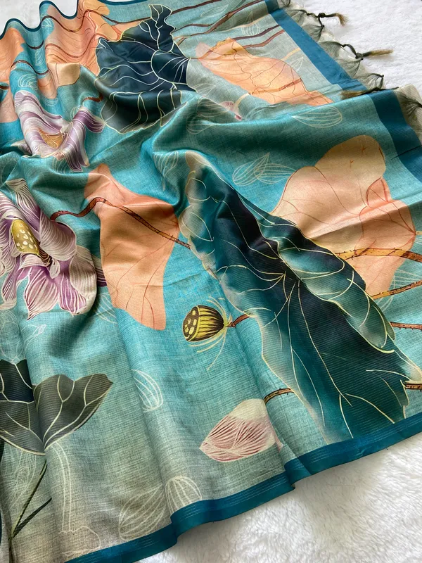 Soft_Tussar_Silk_sarees_with_Beautiful_Print_With_Attractive_Border_And_Contrast_Print_Blouse_With_Tassels
