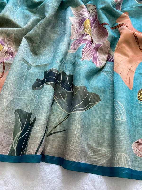Soft_Tussar_Silk_sarees_with_Beautiful_Print_With_Attractive_Border_And_Contrast_Print_Blouse_With_Tassels