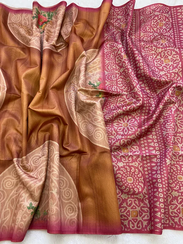 Navi_Pink_&_Yellow_–_Fresh_Festive_Season_Special_|_Soft_Tussar_Silk_Saree_with_Print,_Pallu_&_Contrast_Print_Blouse_with_Tassels