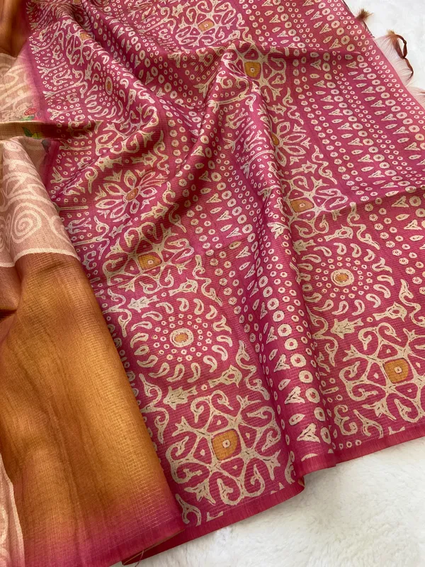 Navi_Pink_&_Yellow_–_Fresh_Festive_Season_Special_|_Soft_Tussar_Silk_Saree_with_Print,_Pallu_&_Contrast_Print_Blouse_with_Tassels