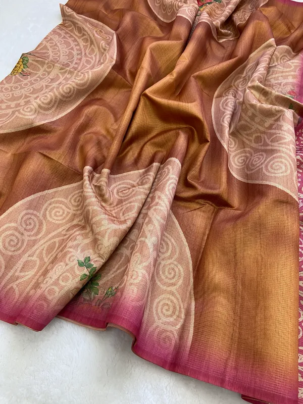 Navi_Pink_&_Yellow_–_Fresh_Festive_Season_Special_|_Soft_Tussar_Silk_Saree_with_Print,_Pallu_&_Contrast_Print_Blouse_with_Tassels