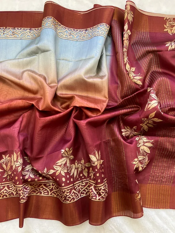Lakshmi_Wine_–_Auspicious_Diwali_Special_|_Soft_Tussar_Silk_Saree_with_Print,_Border_&_Contrast_Print_Blouse_with_Tassels