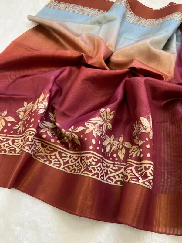 Lakshmi_Wine_–_Auspicious_Diwali_Special_|_Soft_Tussar_Silk_Saree_with_Print,_Border_&_Contrast_Print_Blouse_with_Tassels
