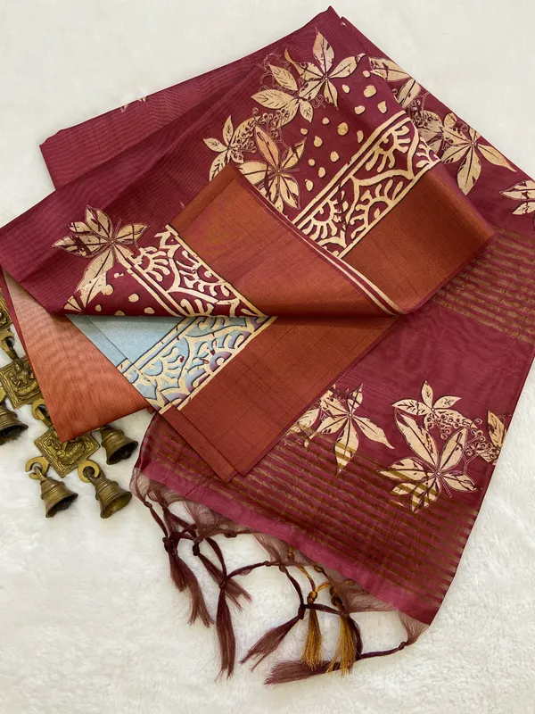 Lakshmi_Wine_–_Auspicious_Diwali_Special_|_Soft_Tussar_Silk_Saree_with_Print,_Border_&_Contrast_Print_Blouse_with_Tassels