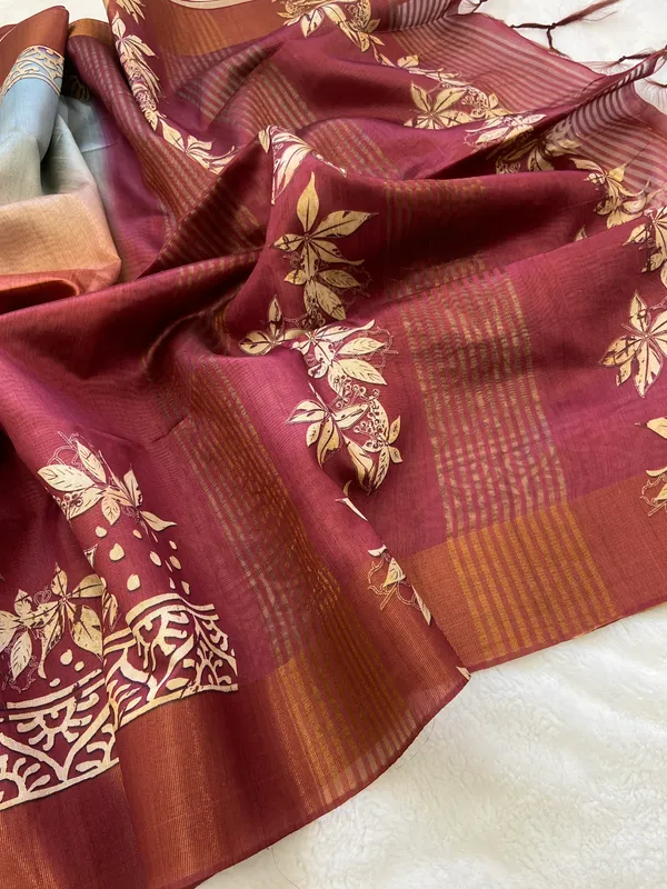 Lakshmi_Wine_–_Auspicious_Diwali_Special_|_Soft_Tussar_Silk_Saree_with_Print,_Border_&_Contrast_Print_Blouse_with_Tassels