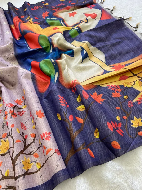 Indira_Blue_–_Prosperous_Navratri_Special_|_Soft_Tussar_Silk_Saree_with_Print,_Zari_Line_Saree_&_Print_Blouse_with_Tassels