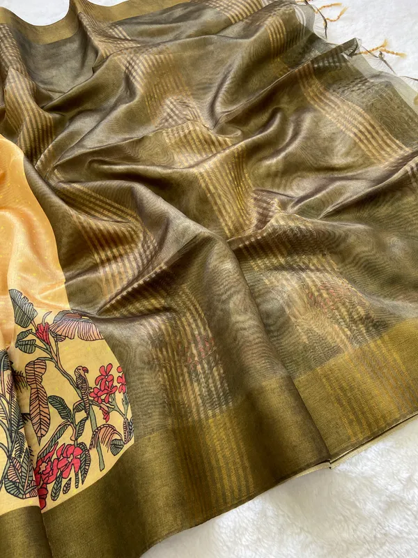 Jiya_Mehendi_Green_&_Yellow_–_Heartfelt_Festive_Season_Special_|_Soft_Tussar_Silk_Saree_with_Print,_Border_&_Contrast_Print_Blouse_with_Tassels