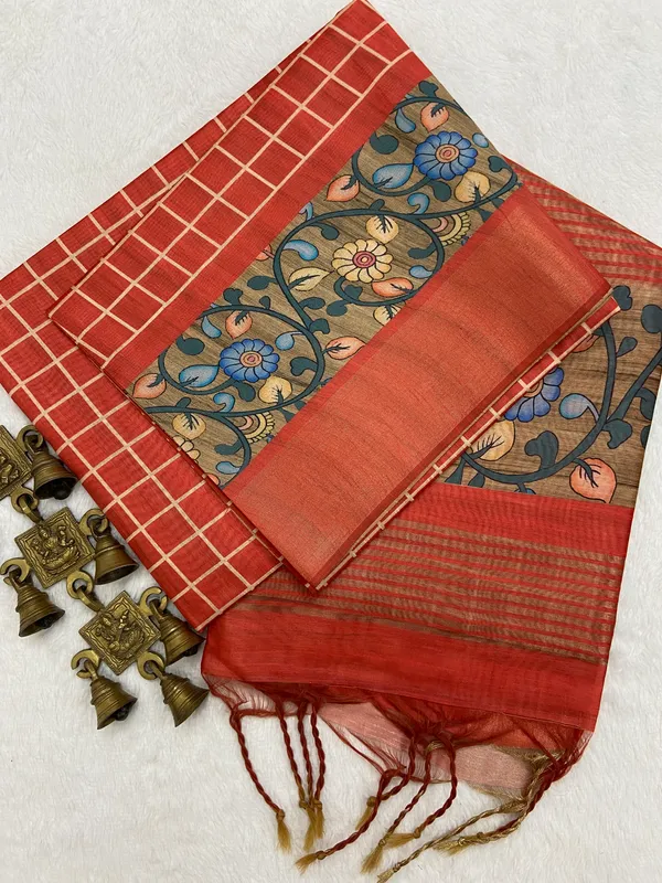 Nisha_Orange_–_Night_Glow_Diwali_Special_|_Soft_Tussar_Silk_Saree_with_Print,_Border_&_Contrast_Print_Blouse_with_Tassels