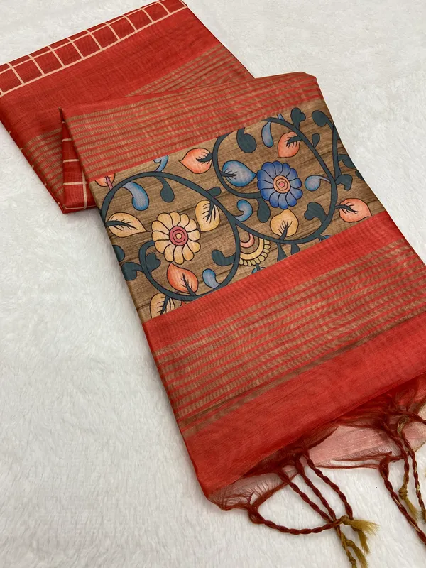 Nisha_Orange_–_Night_Glow_Diwali_Special_|_Soft_Tussar_Silk_Saree_with_Print,_Border_&_Contrast_Print_Blouse_with_Tassels