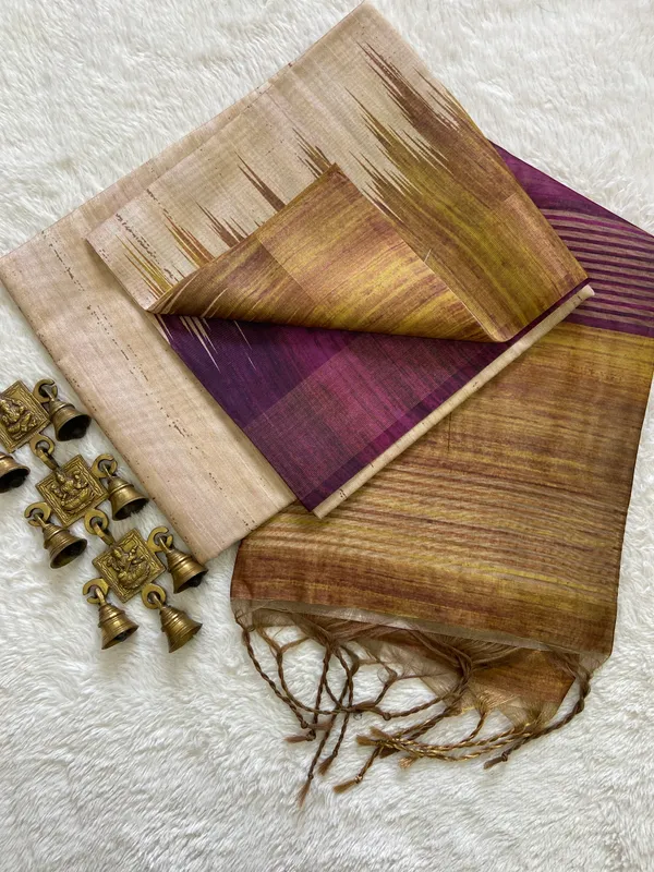 Ria_Mustard_&_Wine_–_Diwali_Special_|_Soft_Tussar_Silk_Saree_with_Print,_Border_&_Contrast_Print_Blouse_with_Tassels