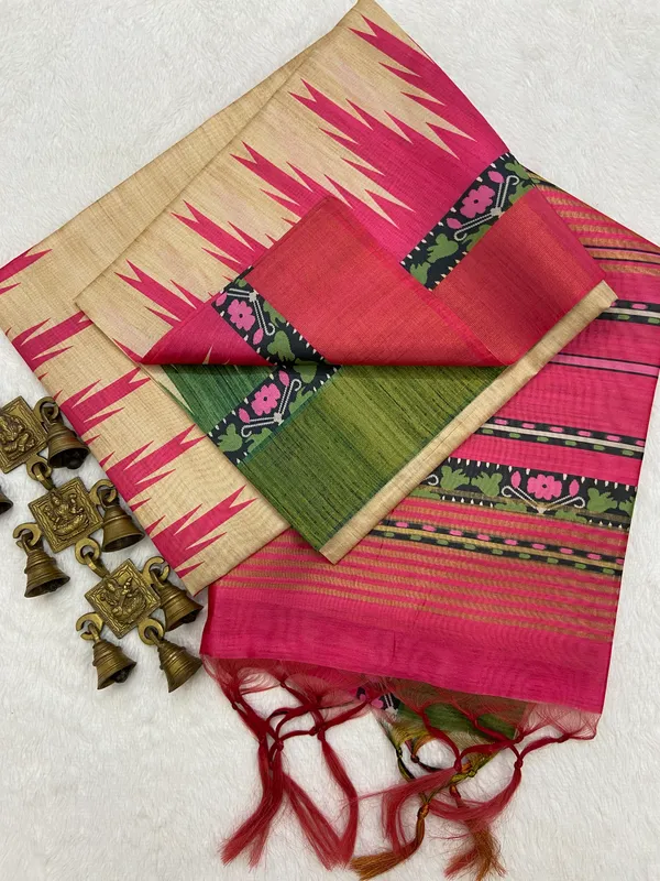 Lekha_Pink_–_Navratri_Special_|_Soft_Tussar_Silk_Saree_with_Print,_Border_&_Contrast_Print_Blouse_with_Tassels