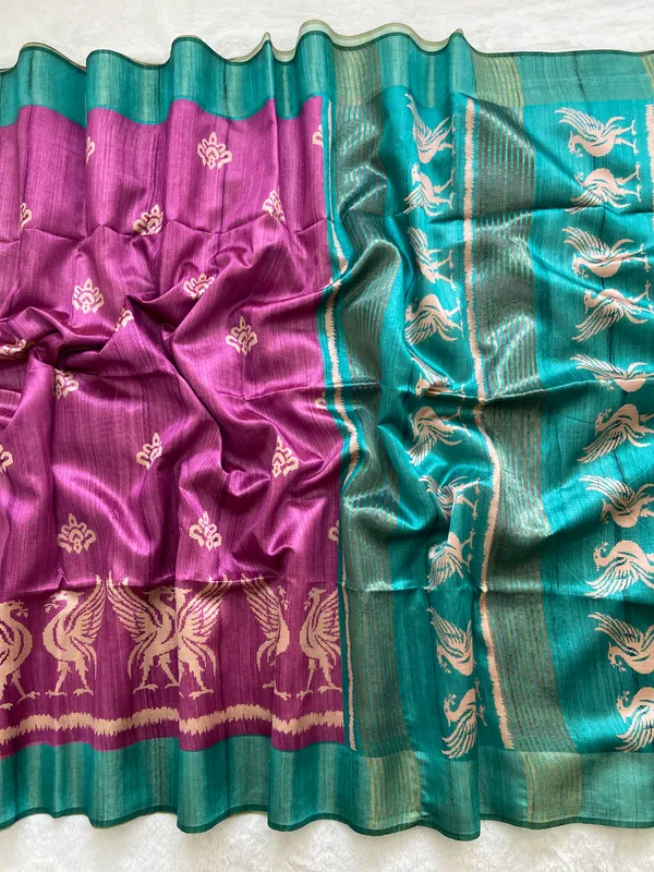 Saloni_Rama_Green_–_Navratri_Special_|_Soft_Tussar_Silk_Saree_with_Print,_Pallu_&_Contrast_Print_Blouse_with_Tassels