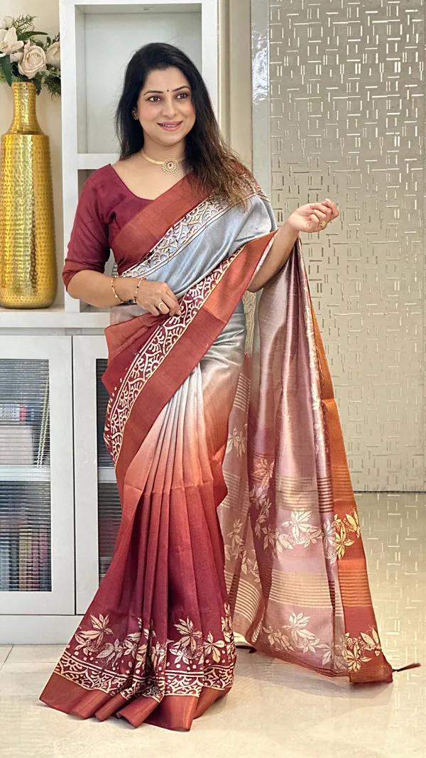 Lakshmi_Wine_–_Auspicious_Diwali_Special_|_Soft_Tussar_Silk_Saree_with_Print,_Border_&_Contrast_Print_Blouse_with_Tassels