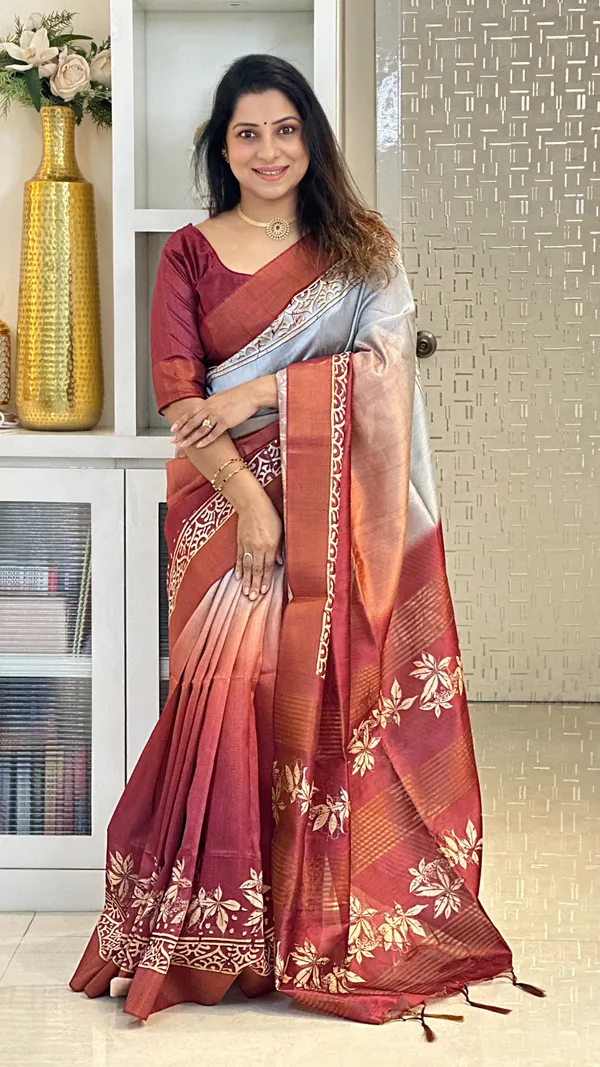 Lakshmi_Wine_–_Auspicious_Diwali_Special_|_Soft_Tussar_Silk_Saree_with_Print,_Border_&_Contrast_Print_Blouse_with_Tassels